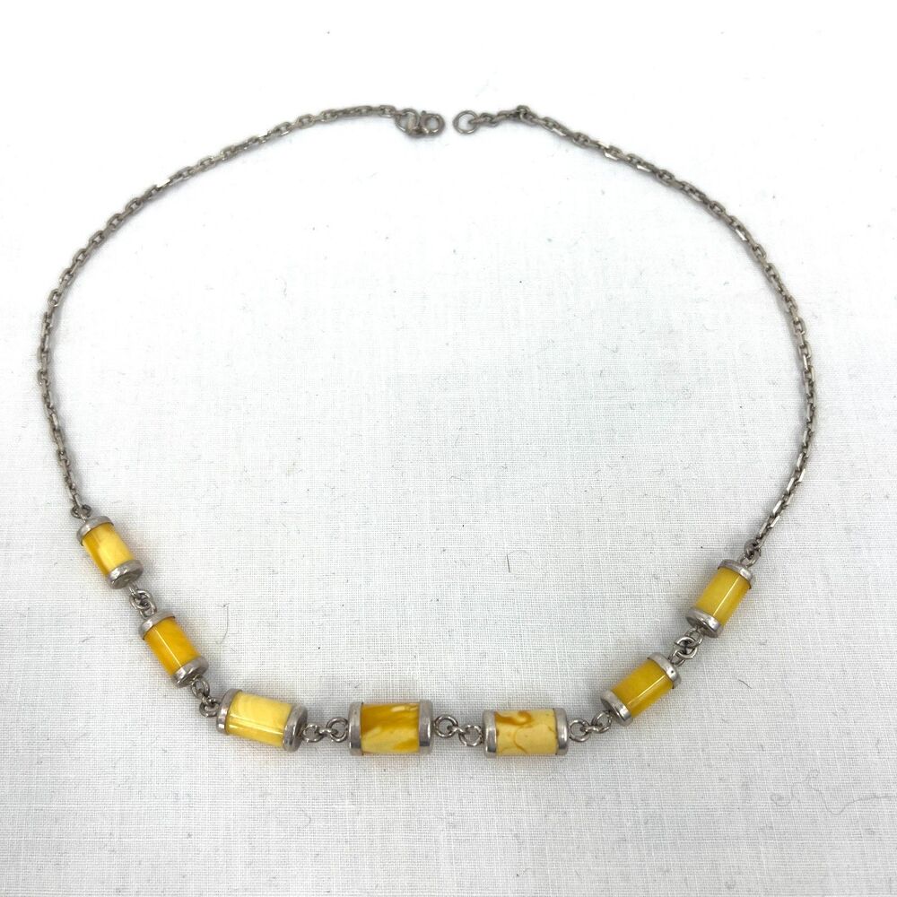Vintage Butterscotch Amber Necklace Silver Tone Barrel Beads Kids
